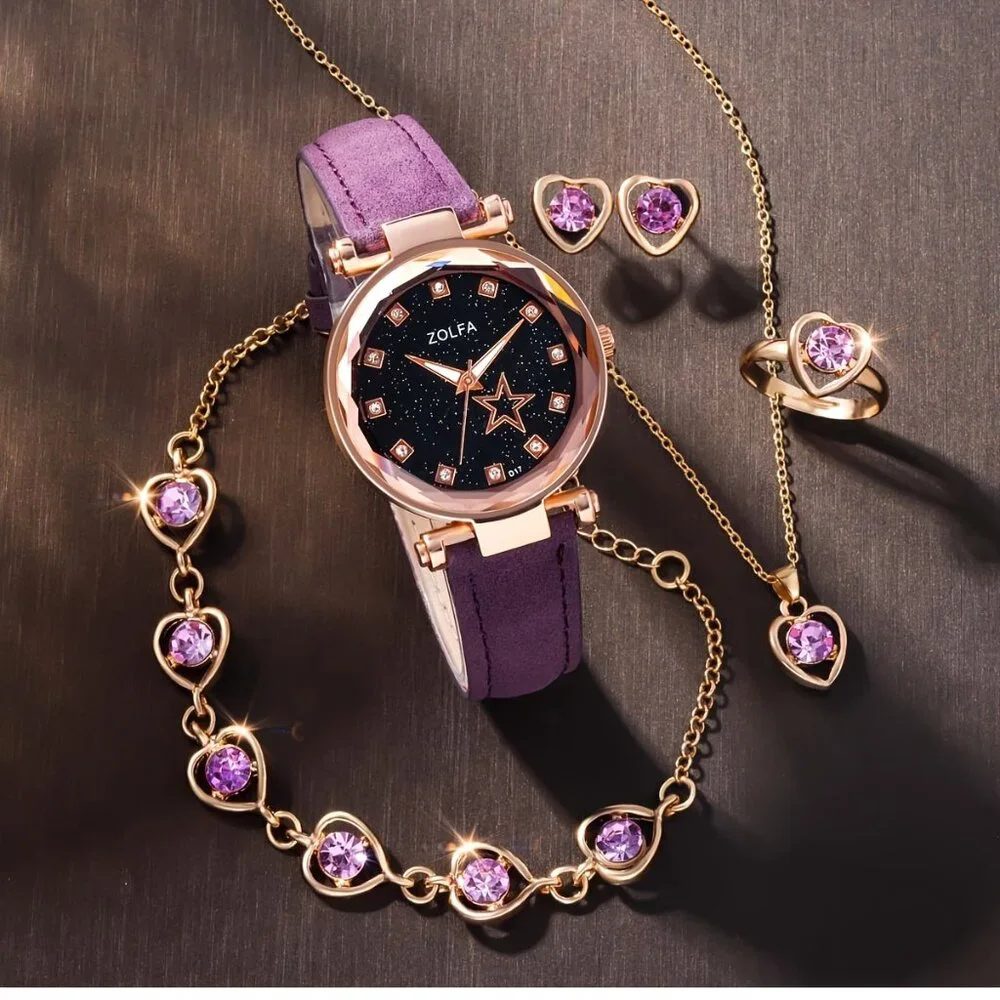 5 pcs Quartz Pu Leather Wrist Watch and Necklace Set - Picture 2 of 8